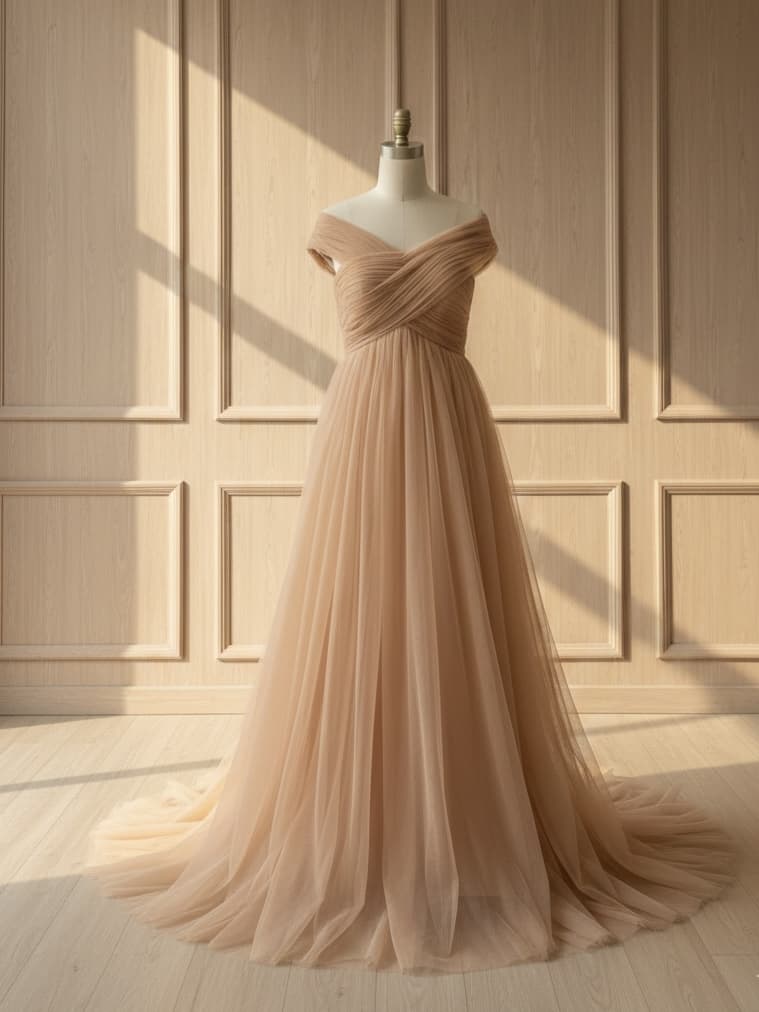 Peach Blush Off-Shoulder Tulle Gown